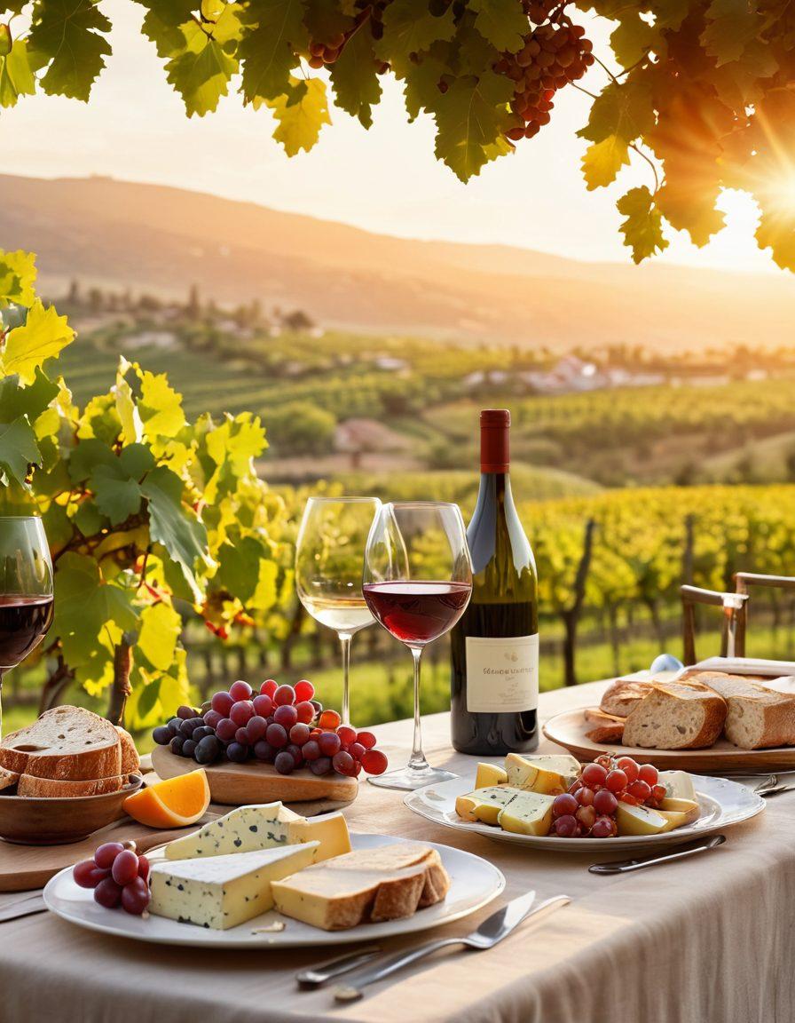 A beautifully set dining table with an array of wine glasses filled with various shades of red, white, and rosé wines, accompanied by gourmet cheeses, fruits, and breads. In the background, a vineyard under a golden sunset, with grapevines loaded with ripe grapes. The atmosphere is elegant and inviting, with soft lighting that highlights the textures of the food and glassware. Include hints of a wine bottle and a corkscrew for a complete pairing experience. super-realistic. warm tones. elegant style.