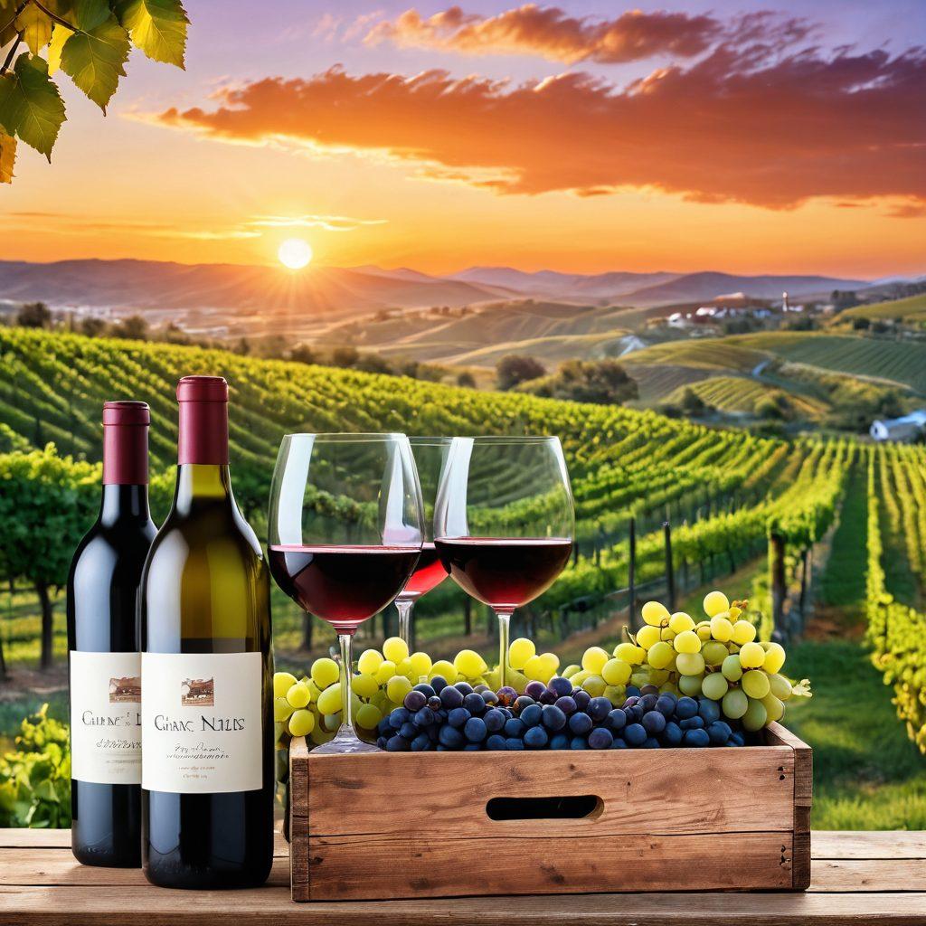 A beautiful vineyard landscape featuring rows of grapevines under a sunset sky, with wine glasses clinking in the foreground. Include a rustic wooden crate filled with assorted wines from local wineries, accompanied by fresh grapes and a rolling hills backdrop. Capture the essence of a wine subscription service with a graphic overlay of wine bottles being delivered. vibrant colors. super-realistic.