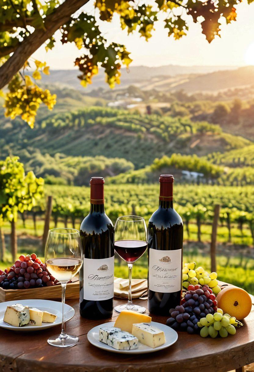 A beautifully arranged wine tasting scene featuring an elegant table set outdoors with various exquisite wine bottles, sparkling glasses reflecting sunlight, and a scenic vineyard in the background. Include gourmet cheeses, fruits, and casual diners savoring the moment. A sunset casts warm hues over the scene, creating a romantic atmosphere. super-realistic. warm colors. vibrant details.